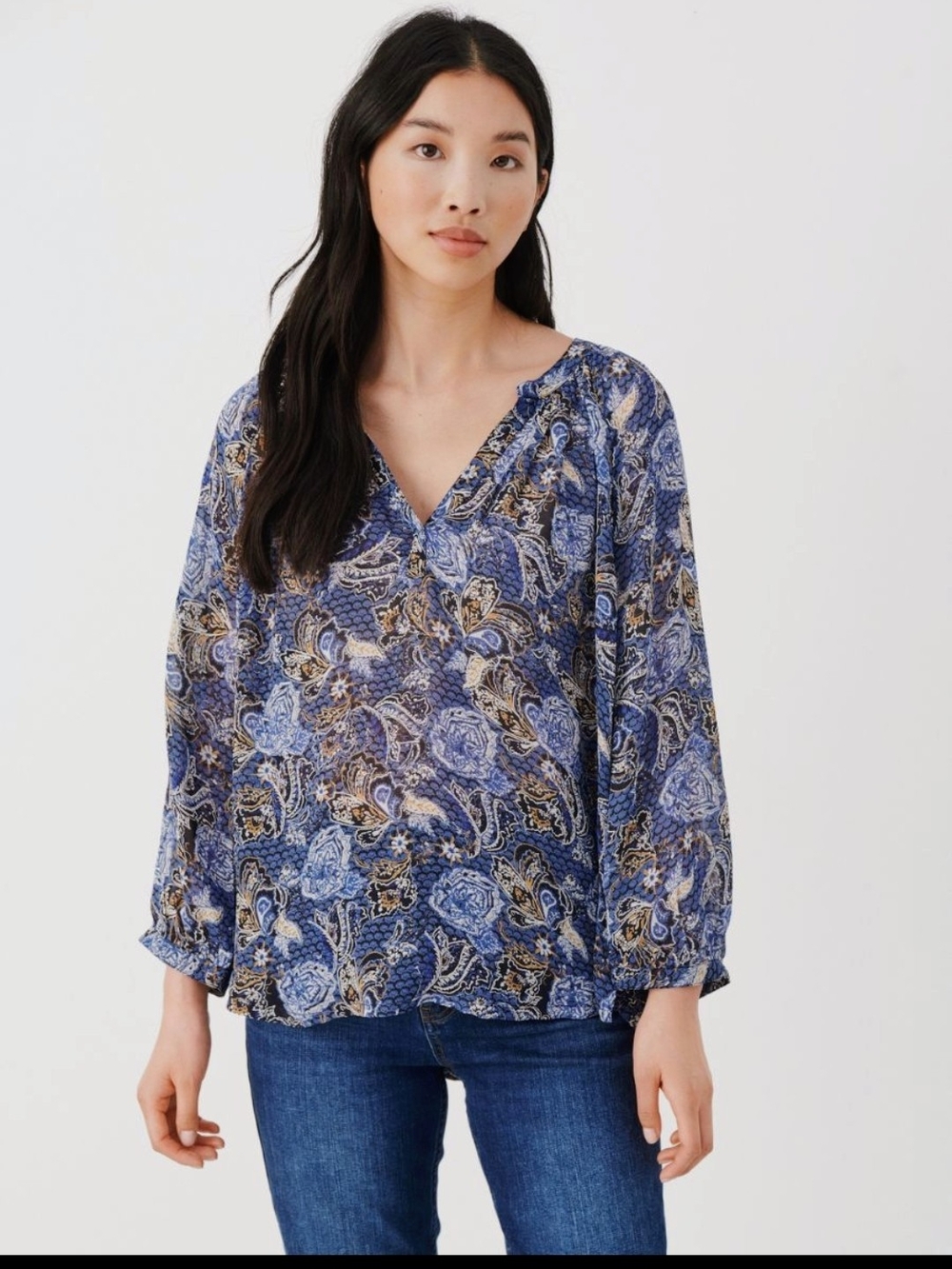 Part Two V-Neck Blue Paisley Long-Sleeve Blouse